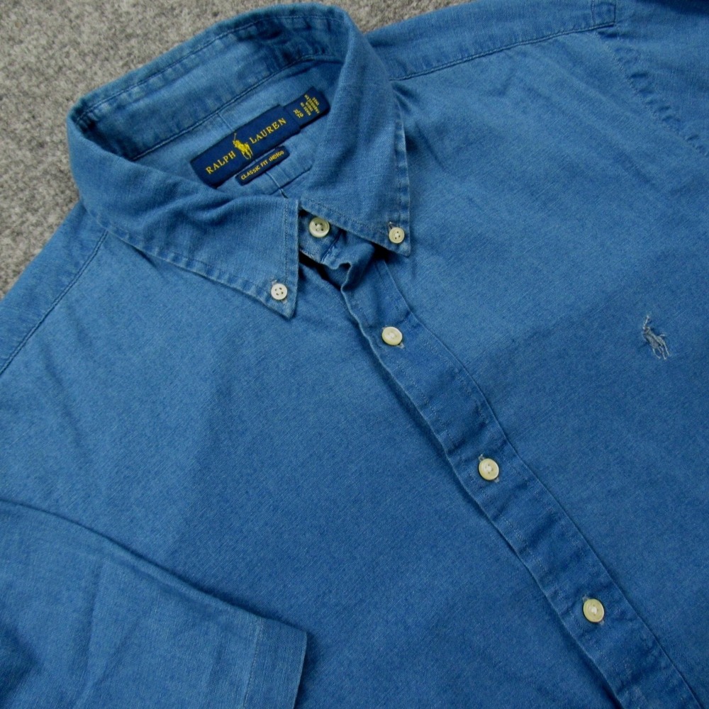 Ralph‎ Lauren Shirt Mens XL Classic Fit Indigo Blue Short Sleeve Casual Summer
